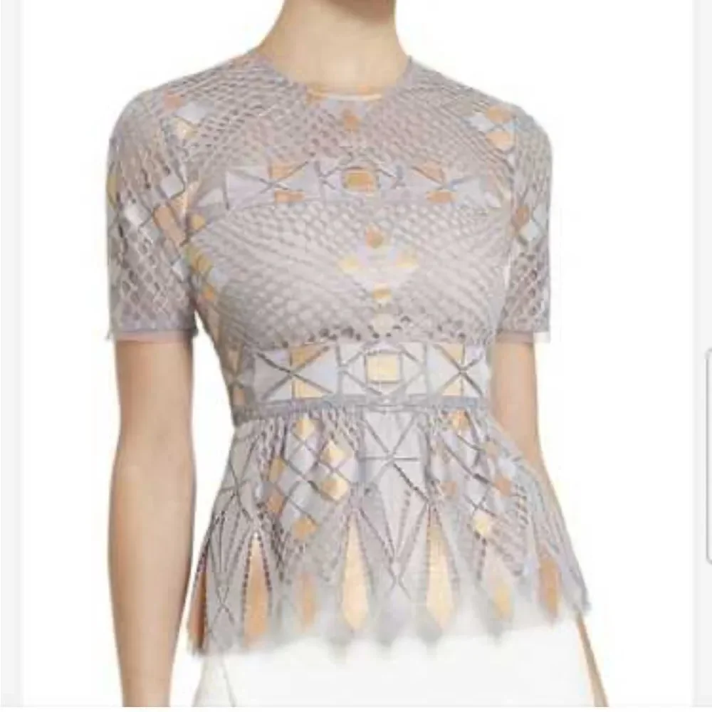 BCBGMAXAZRIA Light Dusk Contemporary Geometric Lace Mesh Overlay Peplum Blouse